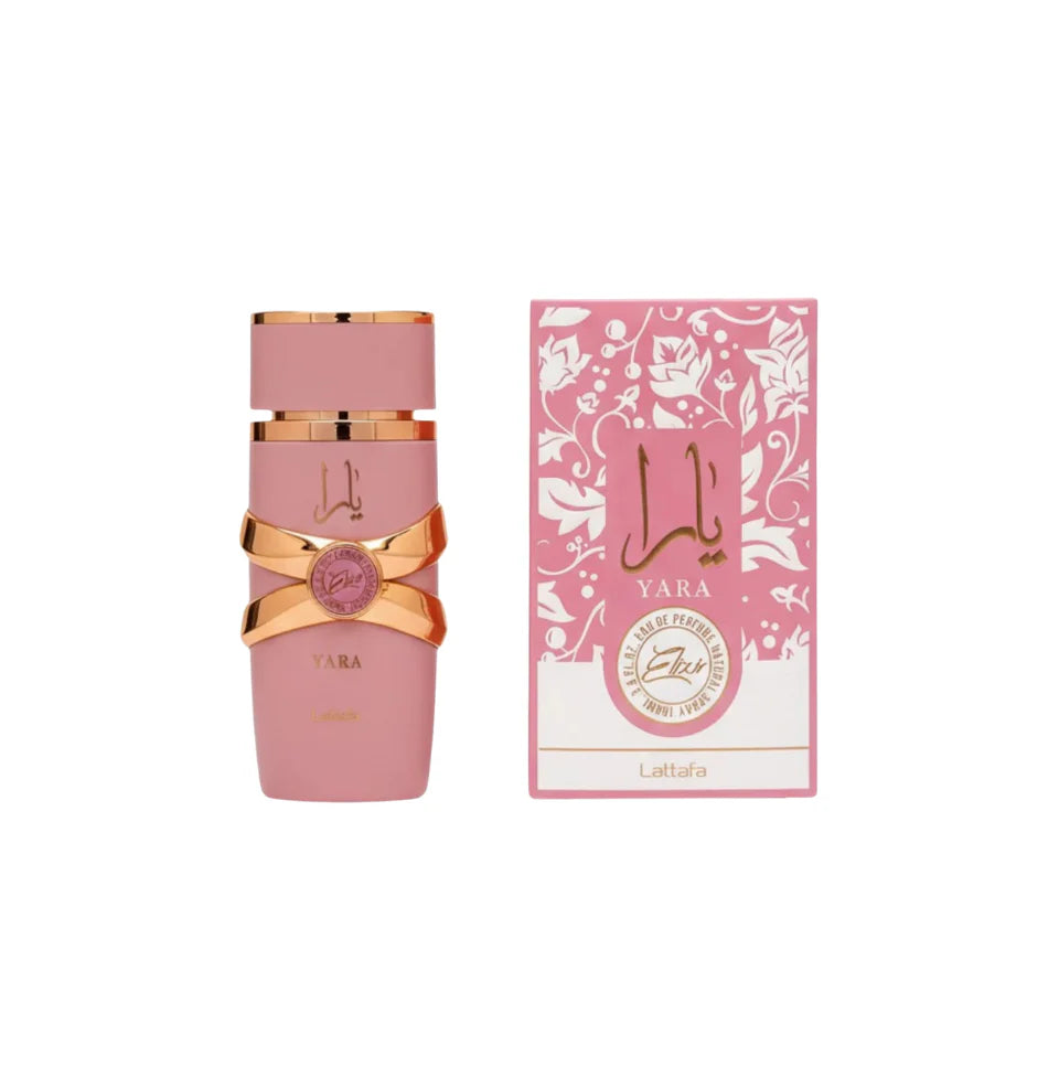 Lattafa Yara Elixir Eau De Parfum 100ml for women, showcasing the elegant perfume bottle with floral and gold accents.