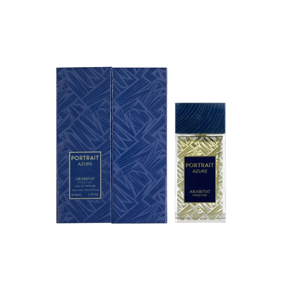Arabiyat Prestige Portrait Azure Eau De Parfum 80ml bottle for men and women, elegant glass container with blue liquid.