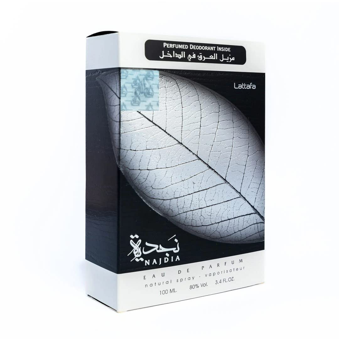 Lattafa Najdia Edp perfume bottle, 100ml, with elegant design and floral fragrance, showcased against a neutral background.