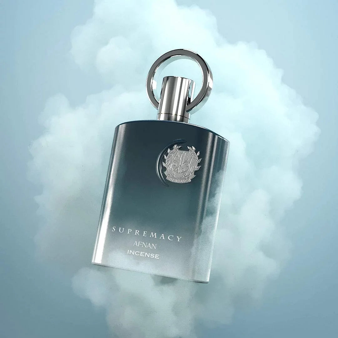 Afnan Supremacy Incense EDP for Men bottle with sleek black packaging and silver accents, showcasing a luxurious men's fragrance.