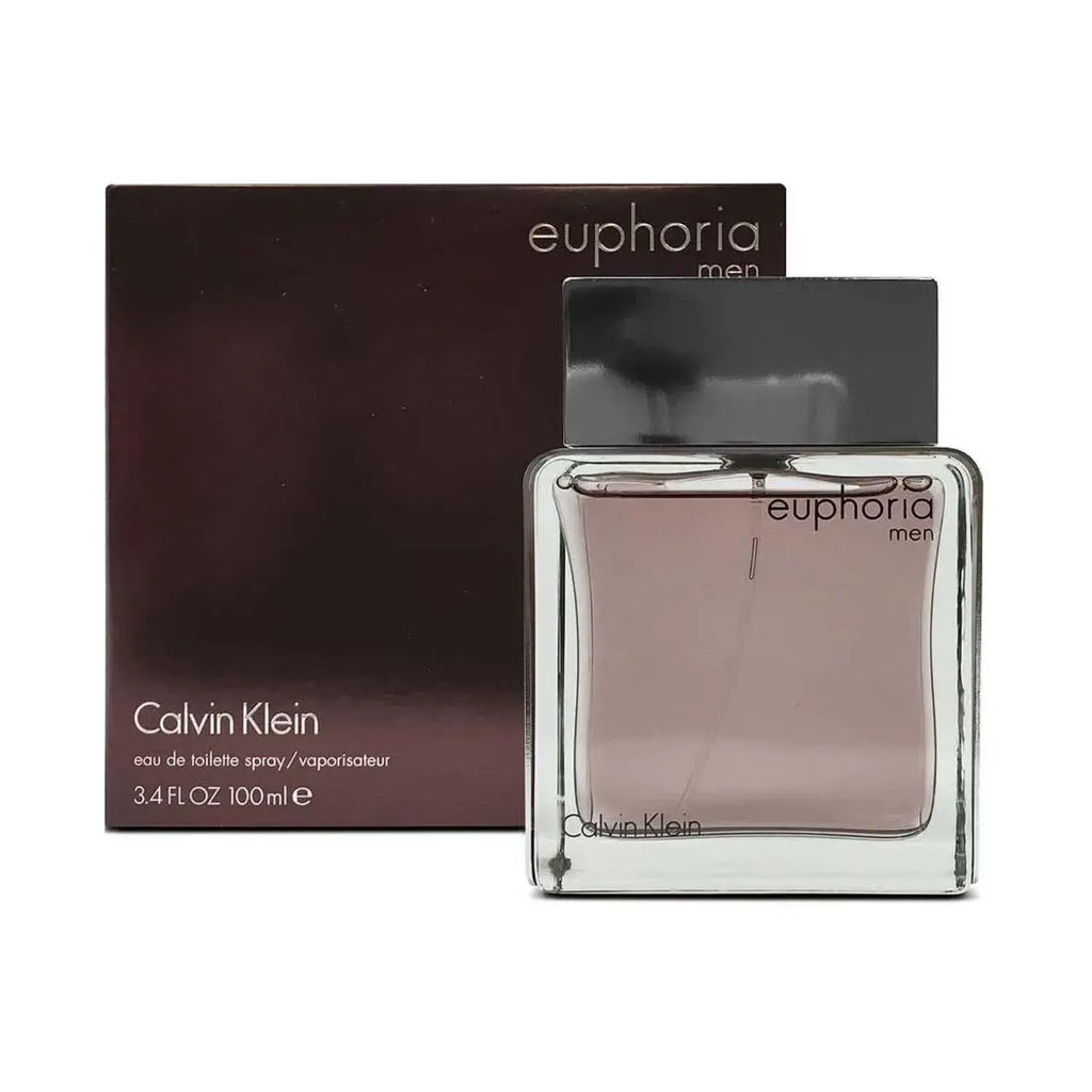 Calvin Klein Euphoria Eau De Toilette 100ml for men, clear glass bottle with silver cap and minimalist design.