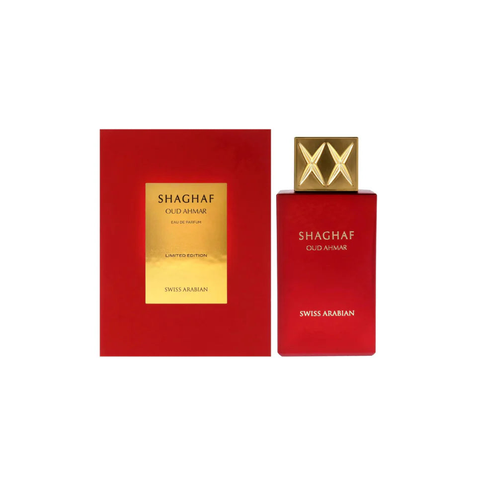 Swiss Arabian Shaghaf Oud Ahmar perfume bottle for women, featuring elegant 75ml glass design and luxurious fragrance details.