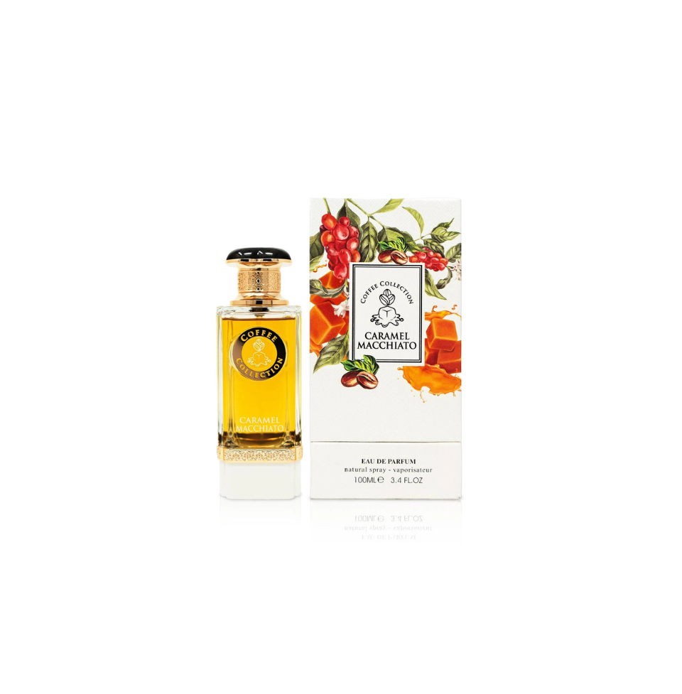 Fragrance World Coffee Collection Caramel Macchiato Eau de Parfum 100ml for men and women, featuring a sleek bottle design.