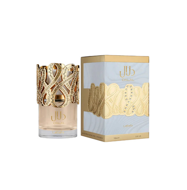 Lattafa Dalal Eau De Parfum for women, 100ml bottle, elegant perfume with floral and oriental notes, stylish fragrance packaging.