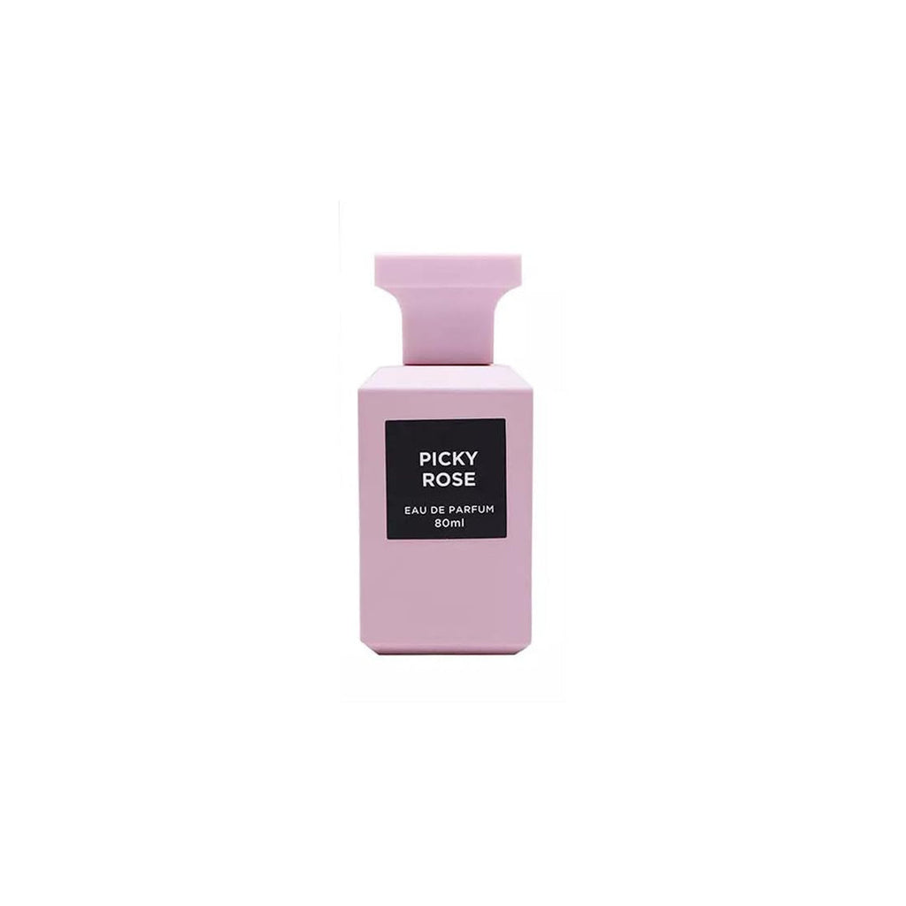 Fragrance World Picky Rose Eau de Parfum 80ml for women, elegant fragrance bottle with a floral scent design.