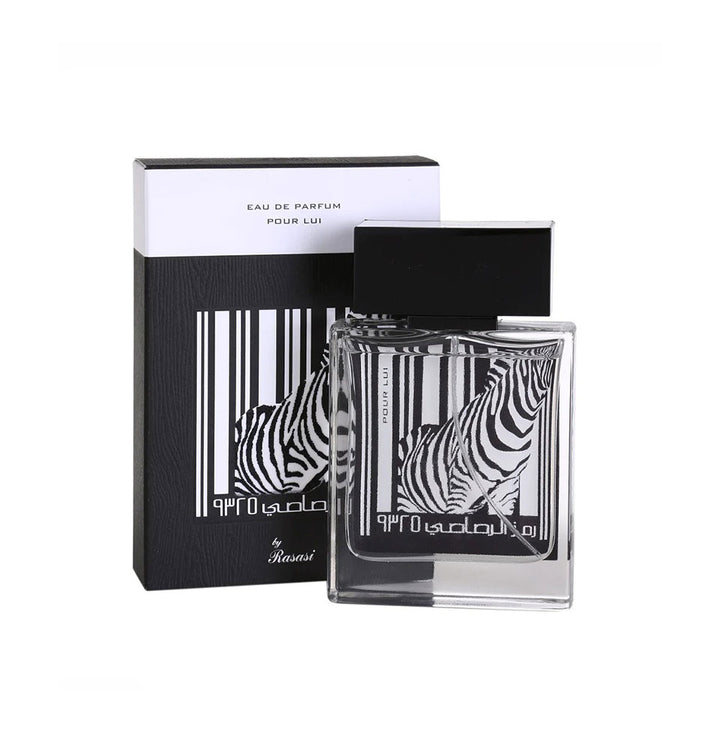 Rasasi Rumz Al Rasasi Zebra 9325 Pour Lui EDP perfume for men, featuring the iconic zebra bottle design and elegant packaging.