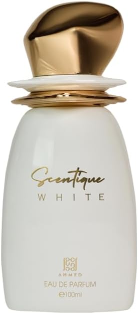Ahmed Al Maghribi Scentique White Eau de Parfum 100ml for men and women, clear bottle with white fragrance liquid and minimalist design.