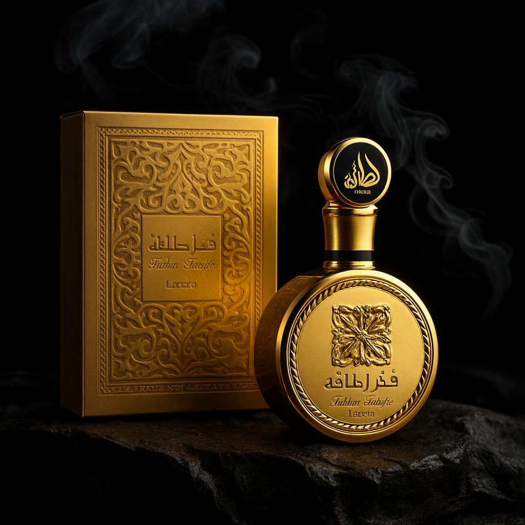 Lattafa Fakhar Gold Eau de Parfum 100ml bottle with gold accents, elegant fragrance packaging, and a sleek design.