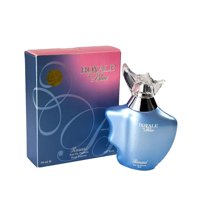 Rasasi Royale Blue for Women Eau de Parfum 50ml bottle, elegant floral and woody fragrance with a sleek design.