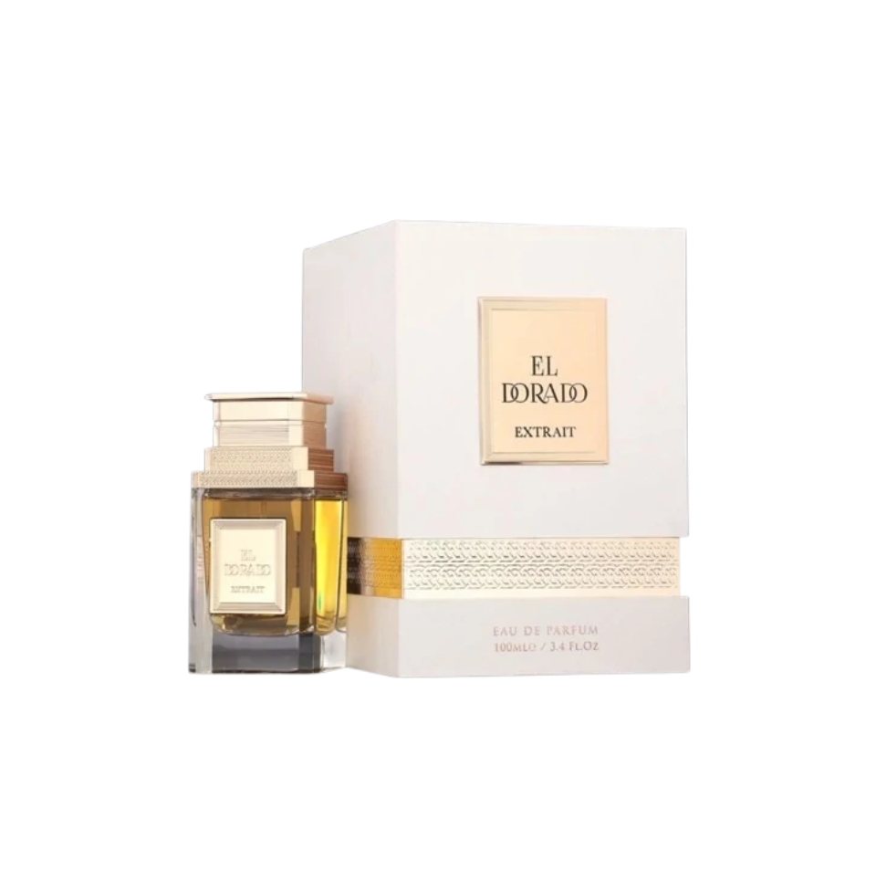 Fragrance World El Dorado Extraite Eau de Parfum 100ml bottle for men and women, elegant fragrance with gold accents.