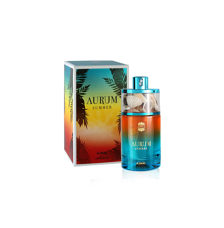 Ajmal Aurum Summer Pour Femme Eau De Parfum bottle with floral and citrus notes, elegant design for women.
