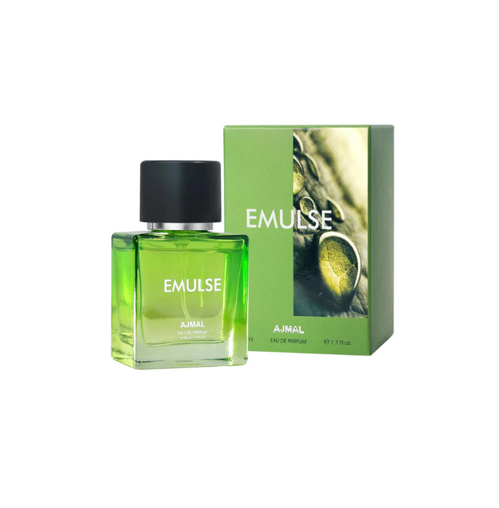 Ajmal Emulse Eau De Parfum bottle for men and women with elegant packaging, featuring a sleek glass design and minimalist label.