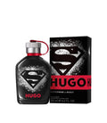 Boss HUGO Superman x HUGO Eau De Parfum 125ml bottle for men, featuring a sleek, dark glass design with a black cap.