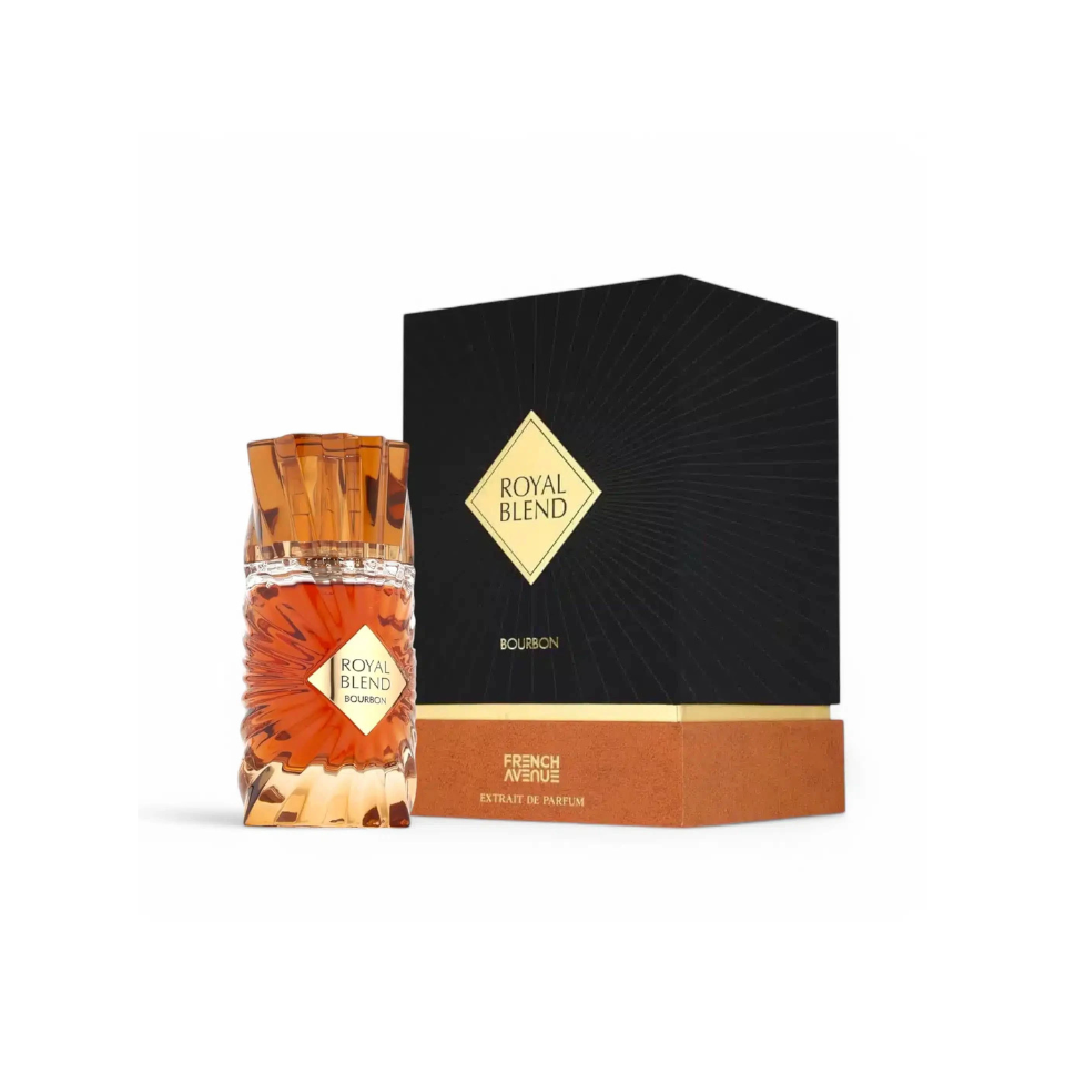 Fragrance World Royal Blend Bourbon extrait de parfum bottle for men and women, 100ml, with elegant packaging and branding.