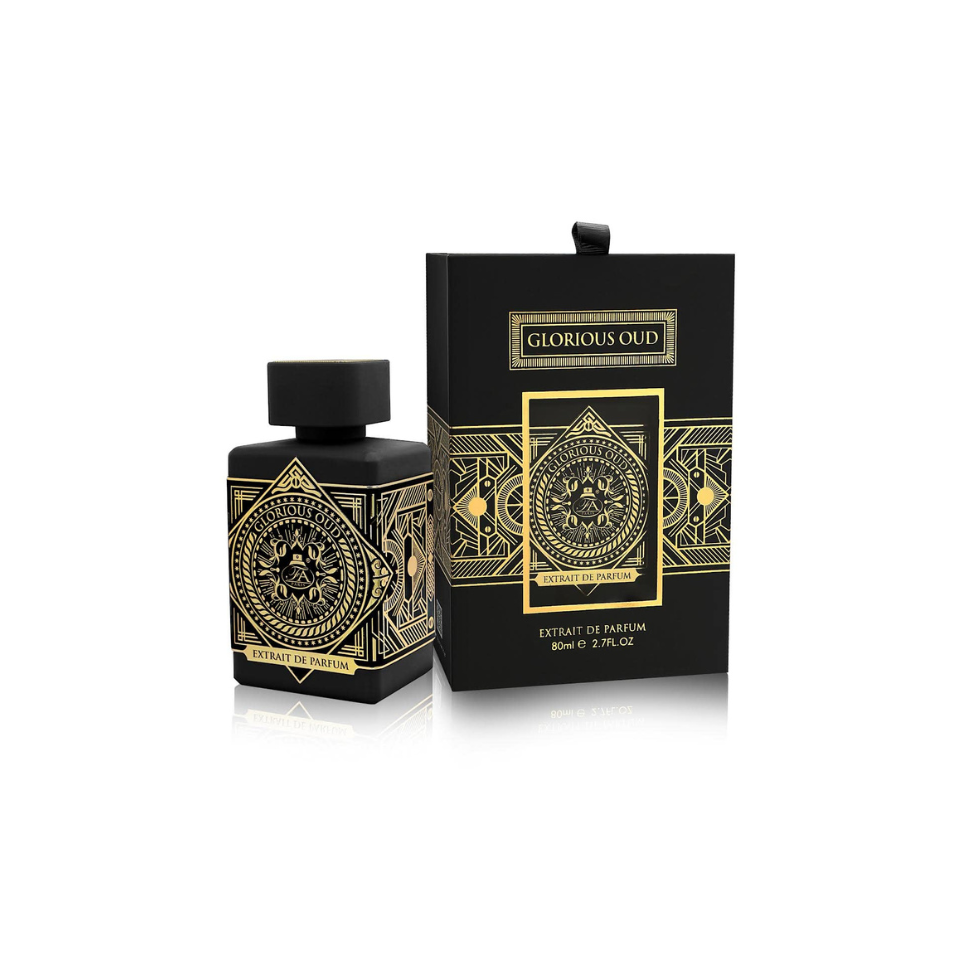 Fragrance World French Avenue Glorious Oud extrait de parfum bottle for men and women, 80ml with elegant design and dark amber liquid