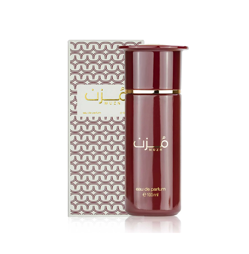 A maroon MUZN by Ahmed Al Maghribi Eau De Parfum 100ml bottle with gold text sits before a matching white and maroon box, both showcasing elegant gold branding. This unisex fragrance is perfect for men and women.