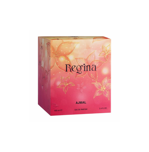 A pink and orange box of AJMAL REGINA POUR FEMME EAU DE PARFUM 100ML FOR WOMEN features gold floral designs and "Regina" prominently displayed on the front.