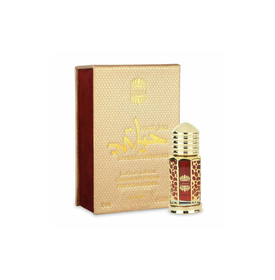 Ajmal Dahnul Oudh Hayati concentrated perfume oil for men and women, 6ml bottle with intricate design and elegant packaging.