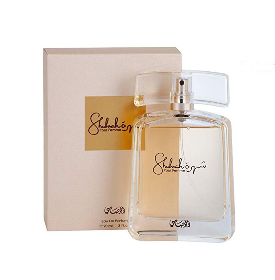 Rasasi Shuhrah Pour Femme Eau De Parfum 90ml bottle with elegant floral and oriental perfume design for women