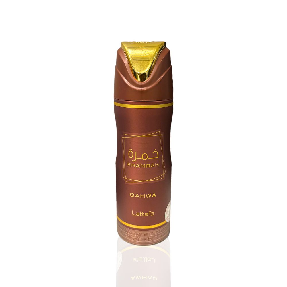 Lattafa Khamrah Qahwa perfumed spray 200ml bottle with ornate gold and black design, elegant packaging for luxurious fragrance.