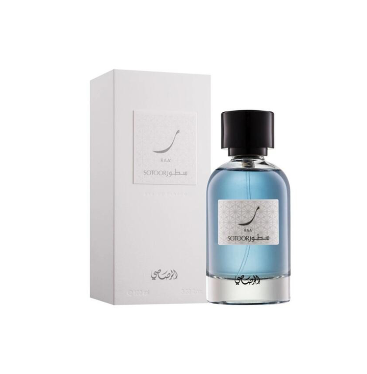 Rasasi Sotoor Raa unisex Eau de Parfum bottle, 100ml with elegant design and black cap, on a plain background.