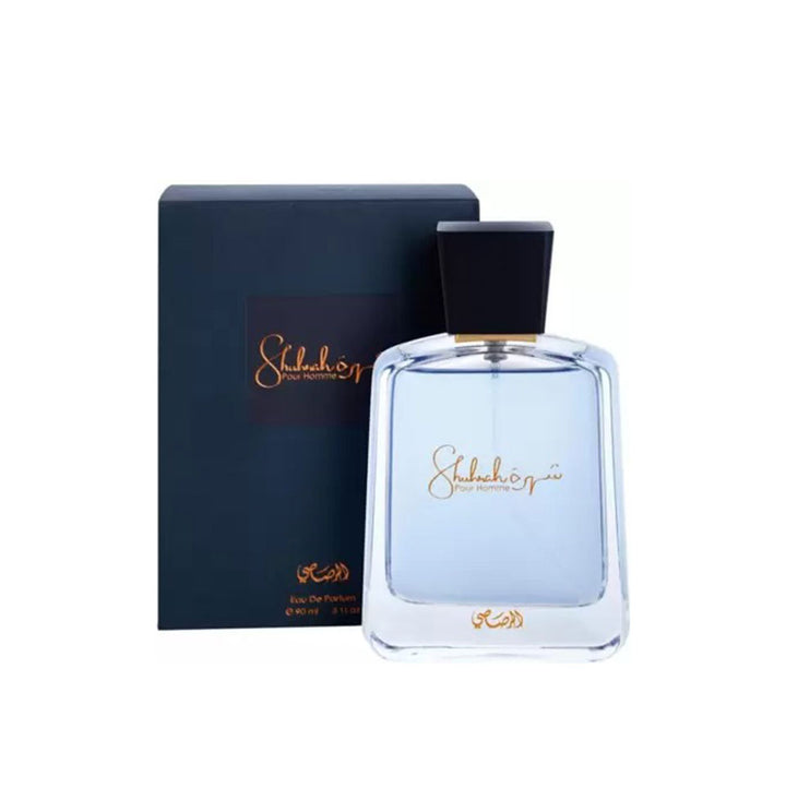 Rasasi Shuhrah Pour Homme Eau De Parfum bottle with sleek design and black and gold accents, 90ml size.