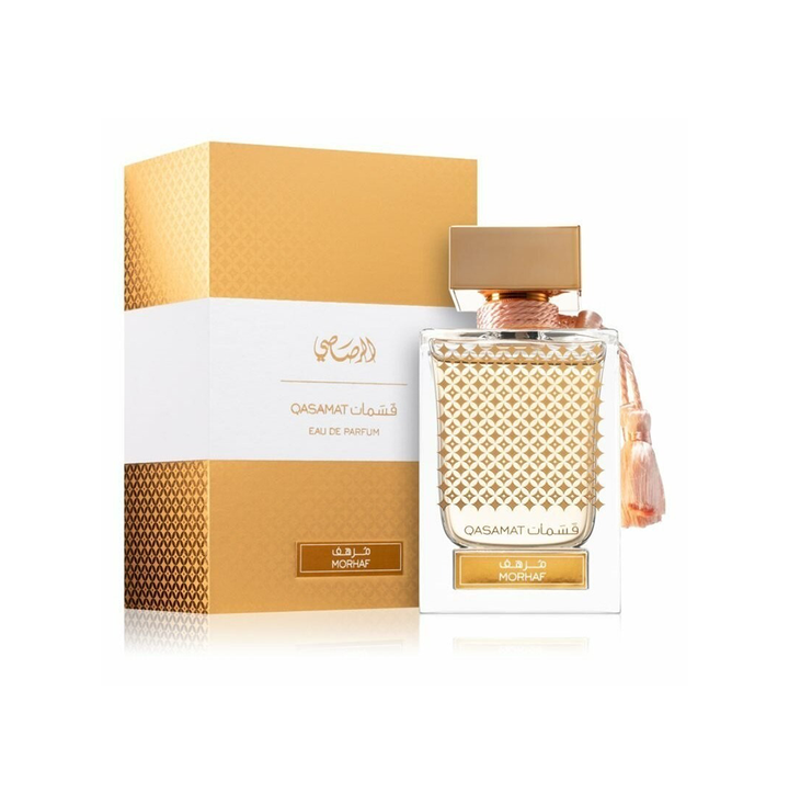 Rasasi Qasamat Morhaf unisex Eau de Parfum bottle with elegant packaging, 65ml size, showcasing a sophisticated fragrance design