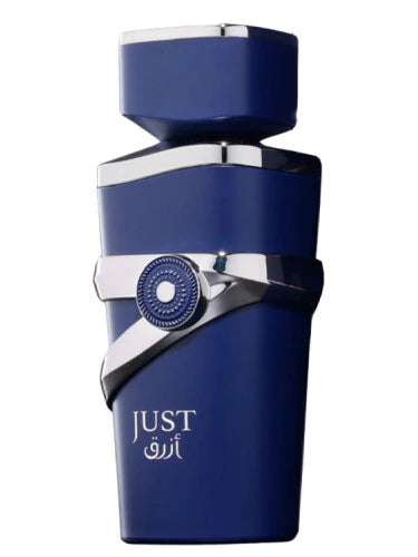 Fragrance World Just Azraq men's eau de parfum bottle, 100ml, with sleek design and clear glass showcasing the fragrance inside.