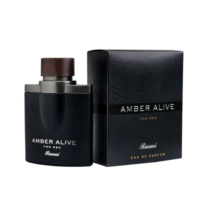 Rasasi Amber Alive Eau De Parfum 100ml bottle for men, featuring a sleek design and amber-colored fragrance liquid.