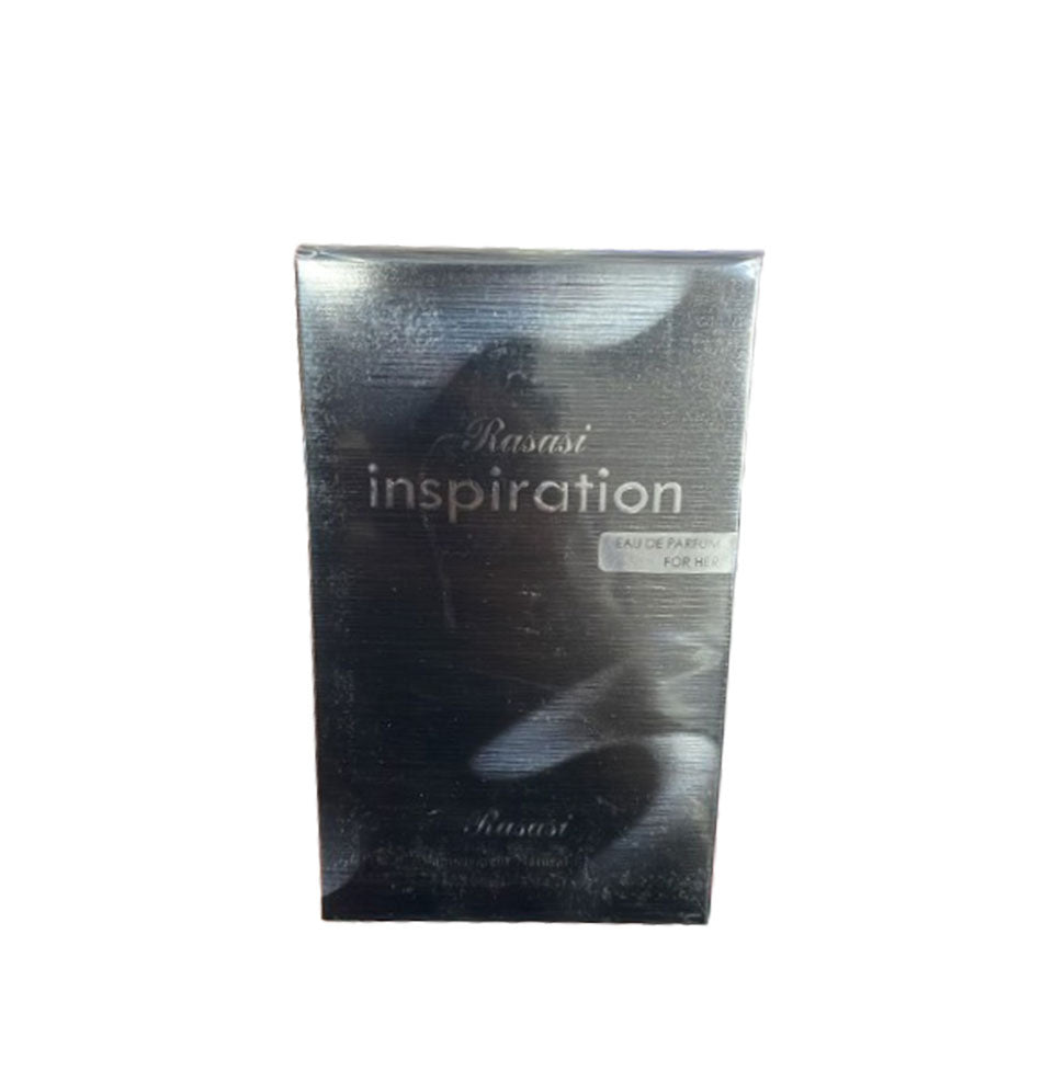 Rasasi Inspiration Pour Femme Eau De Parfum 100ml bottle with elegant floral design and clear glass packaging.