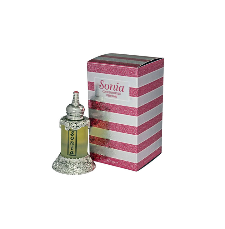 Rasasi Sonia perfume oil for women in a 15ml glass bottle, featuring a sleek design and a floral fragrance.