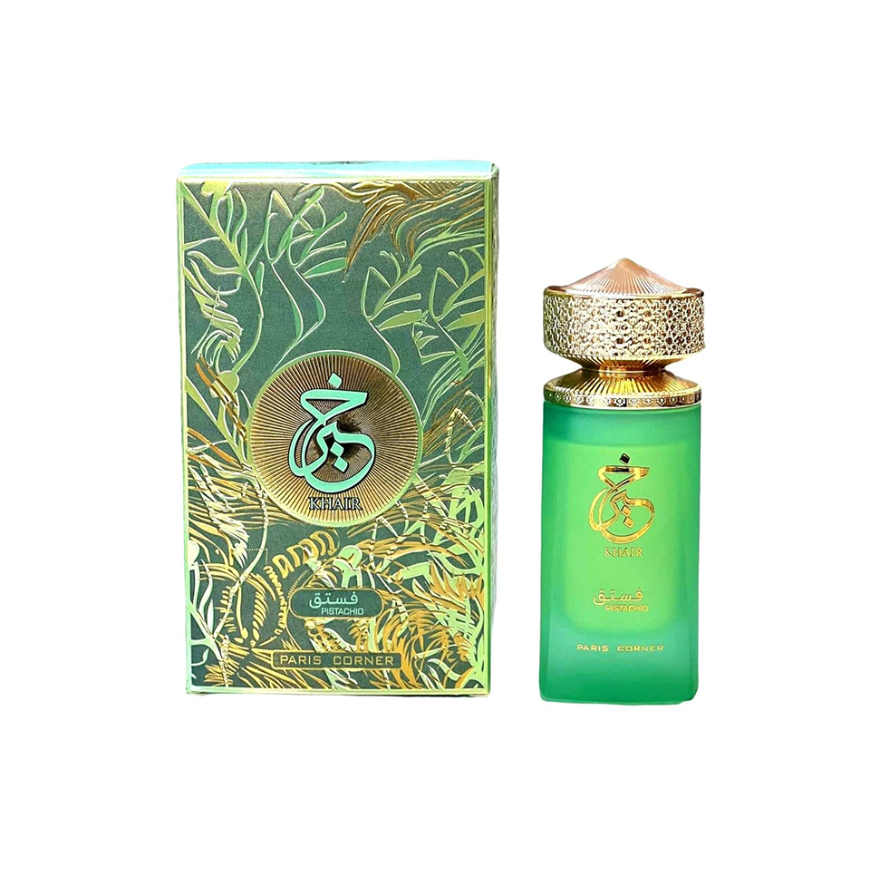 Paris Corner Khair Pistachio Eau De Parfum 100ml bottle for men and women, featuring a sleek design and pistachio scent.
