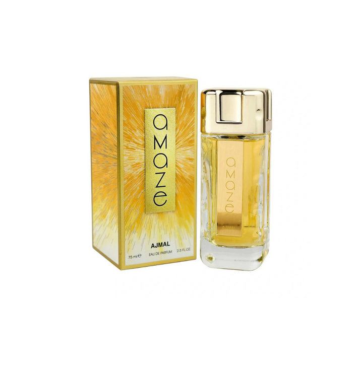 Ajmal Amaze Eau De Parfum Pour Femme bottle with floral and fruity notes, elegant design for women.