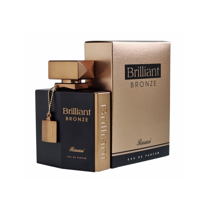 Rasasi Brilliant Bronze Eau De Parfum 100ml for men, featuring a sleek bottle with a metallic finish and elegant design.