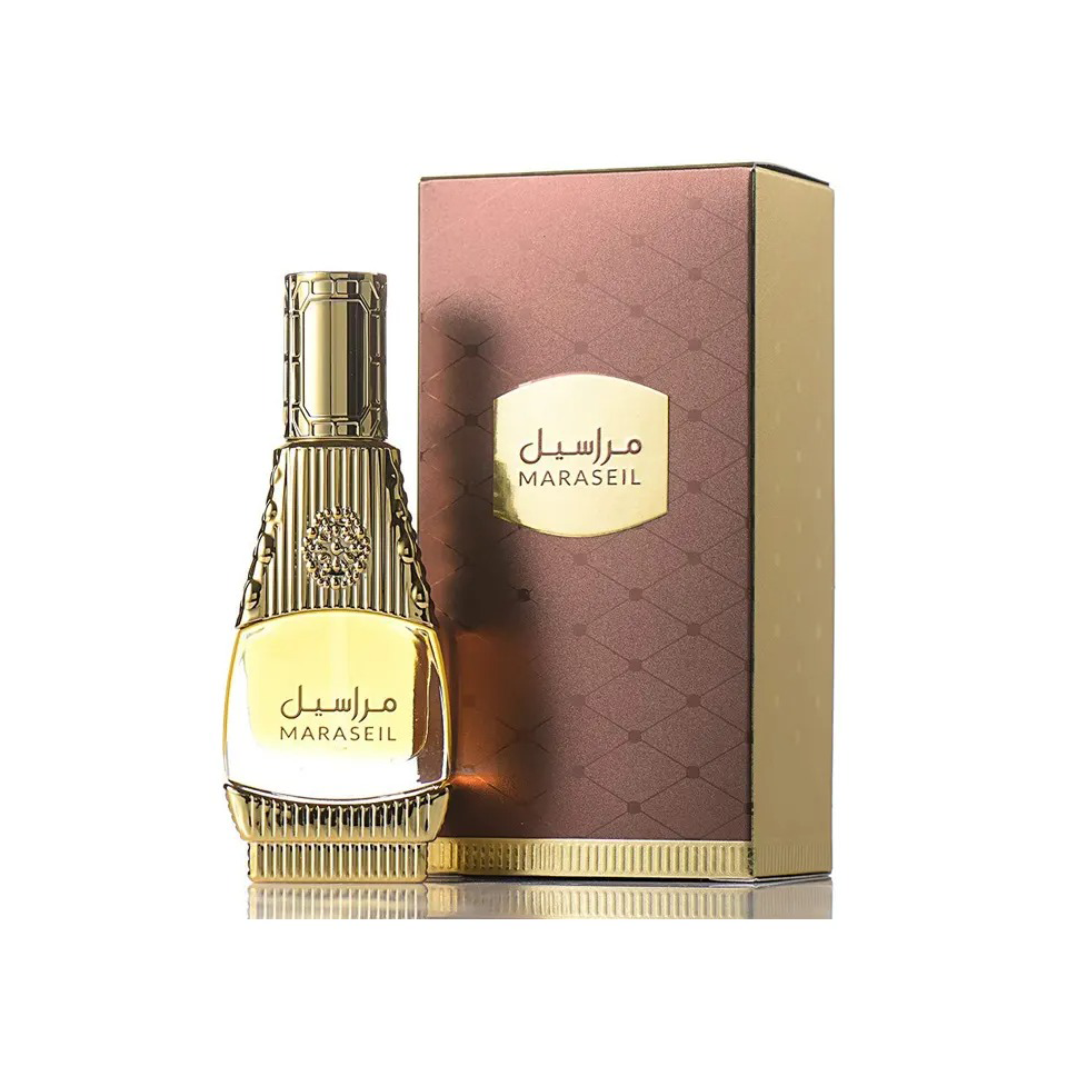 Rasasi Maraseil concentrated perfume oil (Attar) 15ml for men and women, showing the small glass bottle with a silver cap.