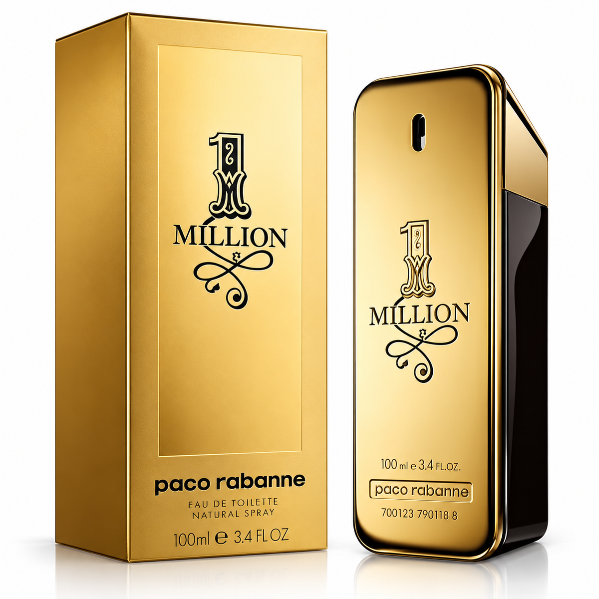 Paco Rabanne 1 Million Eau De Toilette for men, golden bar-shaped bottle with silver cap and intricate detailing.