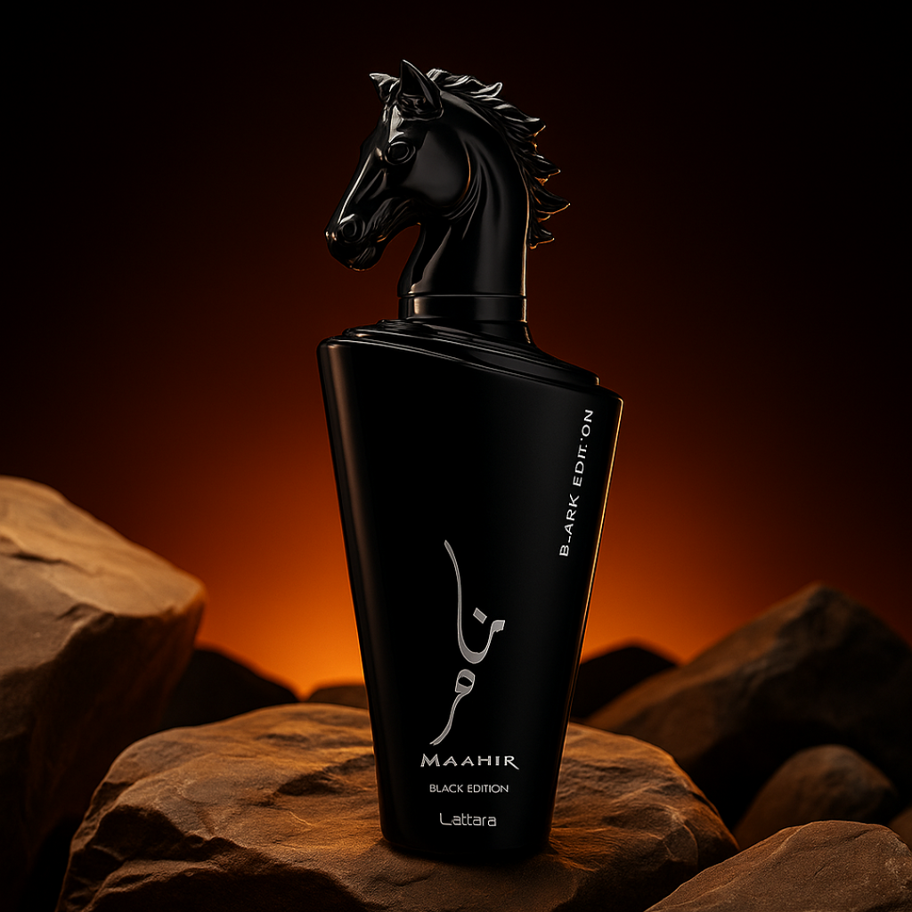 Lattafa Maahir Black Edition Eau De Parfum 100ml bottle for men and women, sleek black packaging with clear label and cap