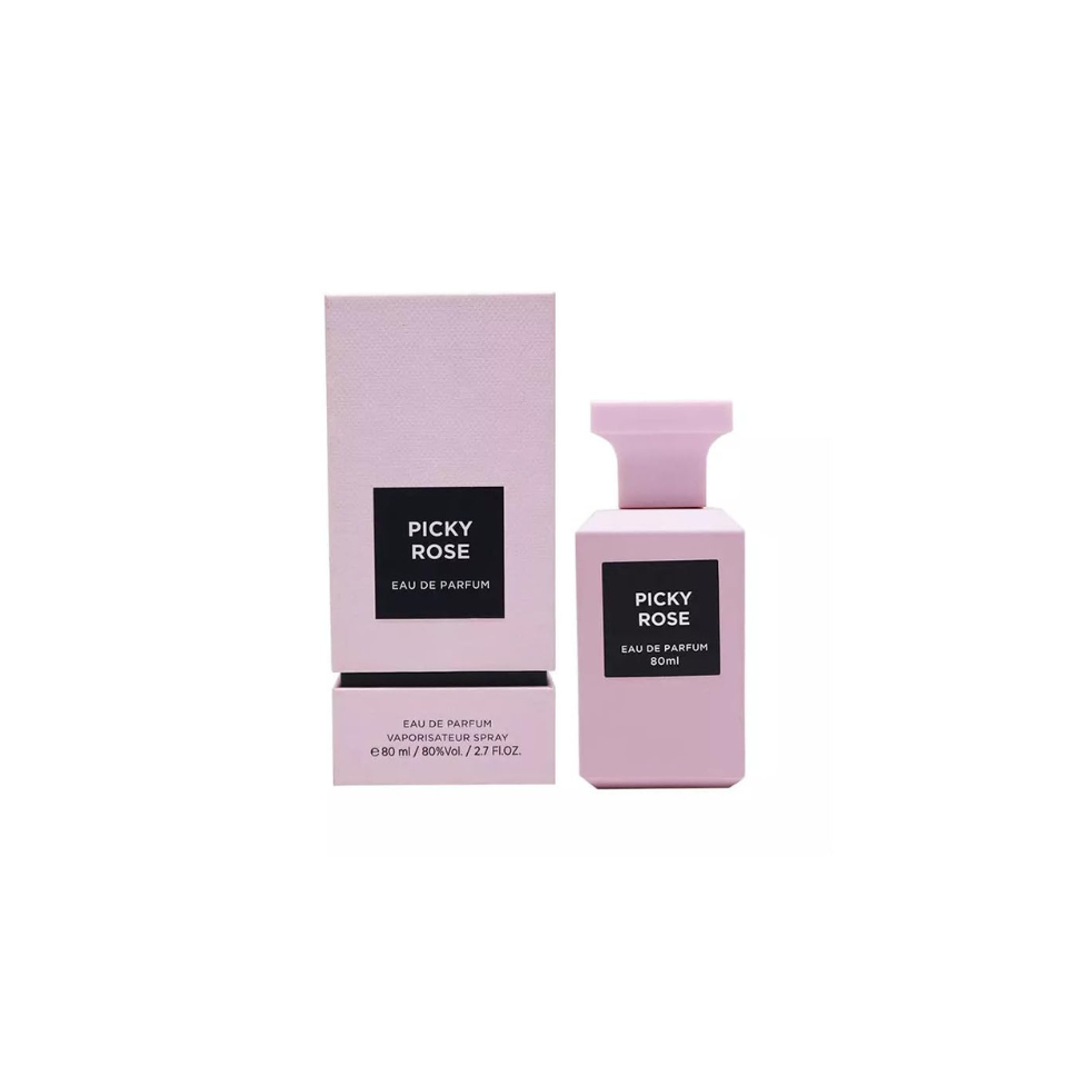 Fragrance World Picky Rose Eau de Parfum 80ml for women, featuring a sleek glass bottle with a pink floral design.