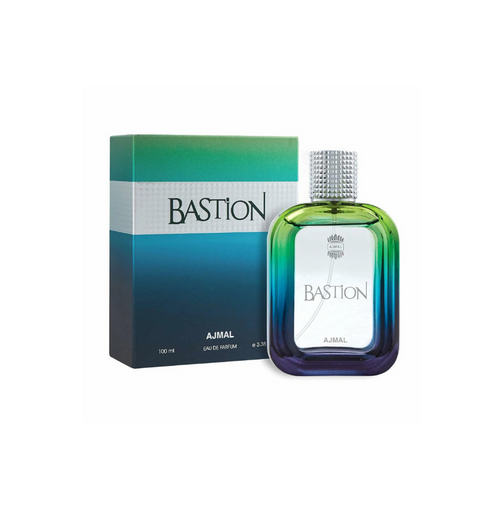 Ajmal Bastion Pour Homme Eau De Parfum 100ML bottle with sleek design and black cap, suitable for men's fragrance collection.