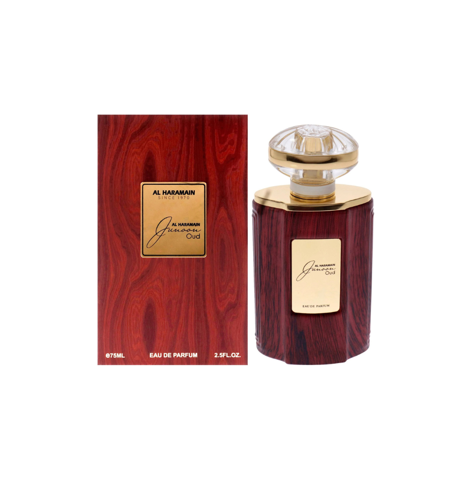 Al Haramain Junoon Oud Eau de Parfum 75ml bottle with elegant packaging for men and women.