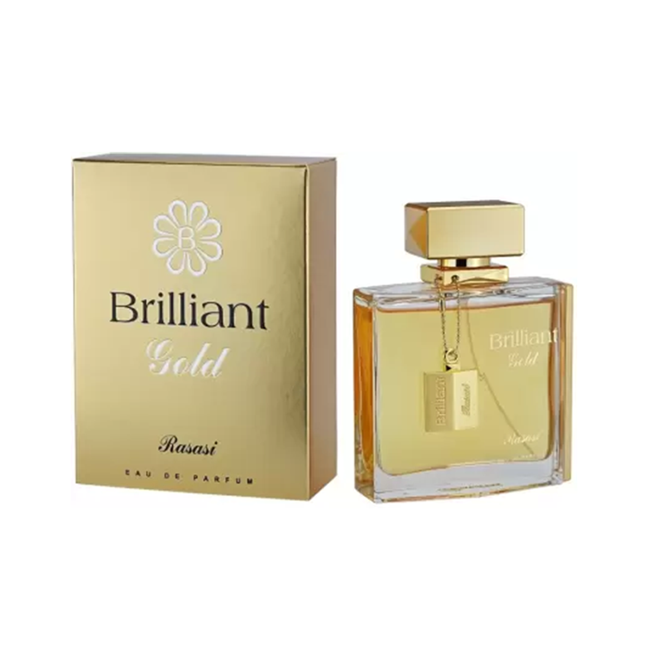 Rasasi Brilliant Gold Eau De Parfum 100ml for men, featuring a sleek gold bottle with elegant design.