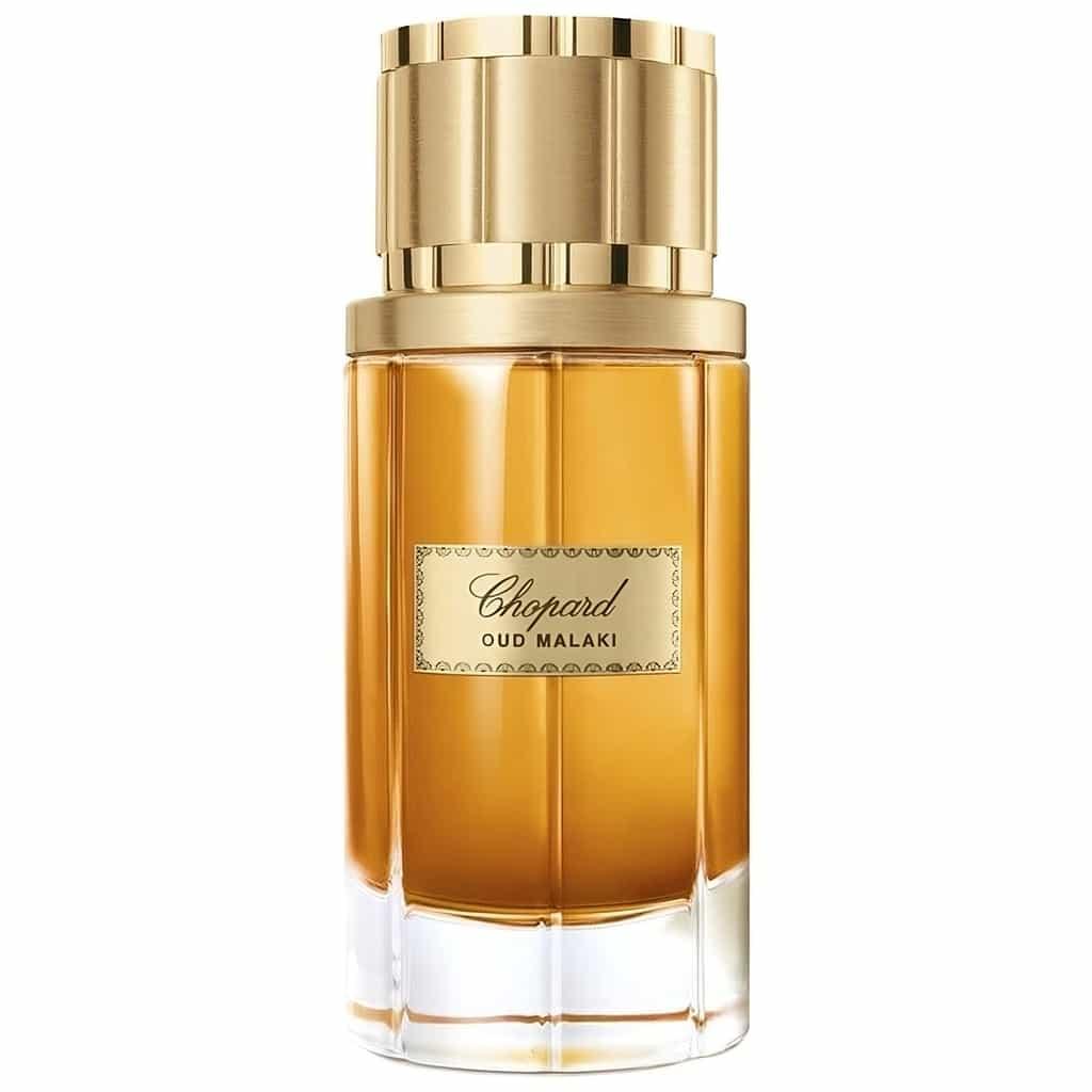 Chopard Oud Malaki unisex Eau De Parfum bottle with elegant packaging and a deep amber-colored liquid inside.