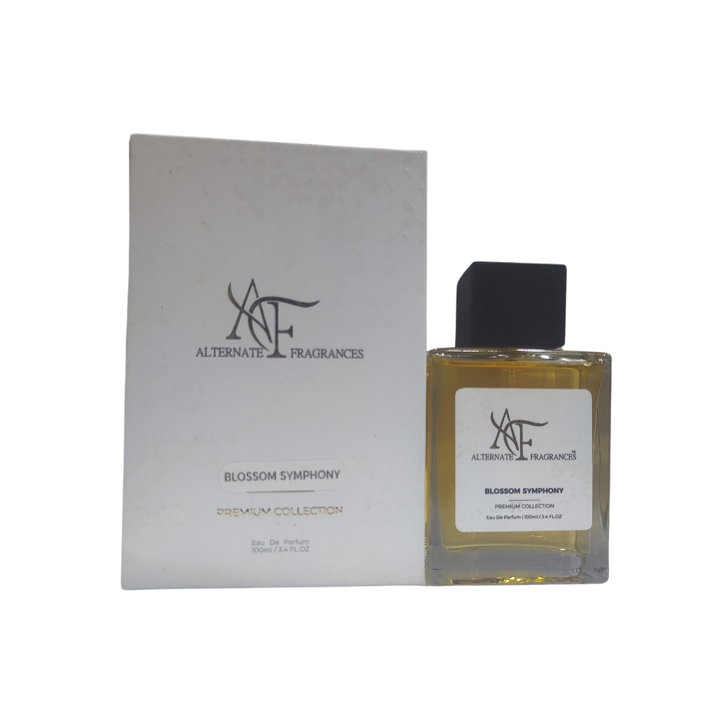 Bottle of Blossom Symphony EDP perfume by Rini Deals with floral design and elegant packaging.