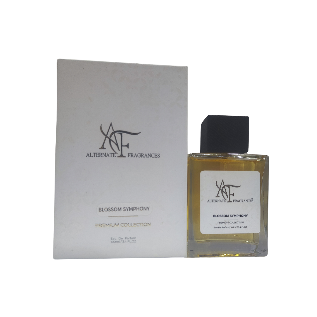 Bottle of Blossom Symphony EDP perfume by Rini Deals with floral design and elegant packaging.