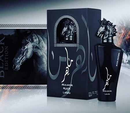 Lattafa Maahir Black Edition Eau De Parfum 100ml bottle for men and women, sleek black packaging, elegant fragrance design