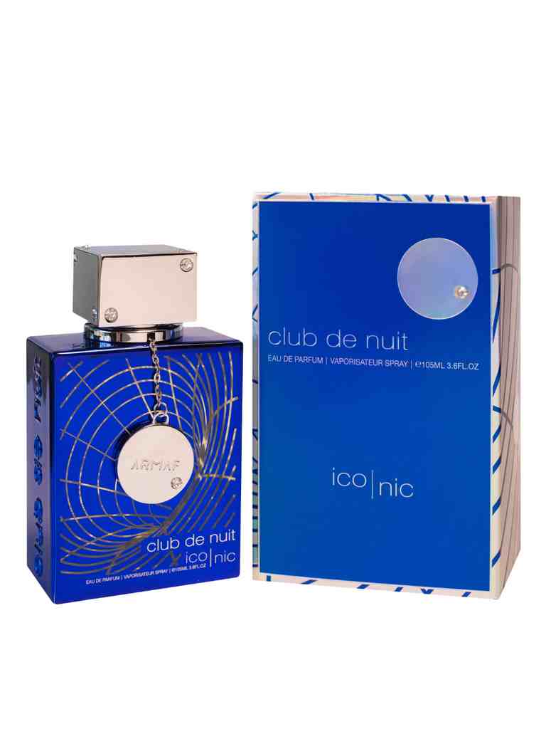 Armaf Club De Nuit Iconic Eau De Parfum 105ml bottle with sleek black and gold design, showcasing elegant packaging.