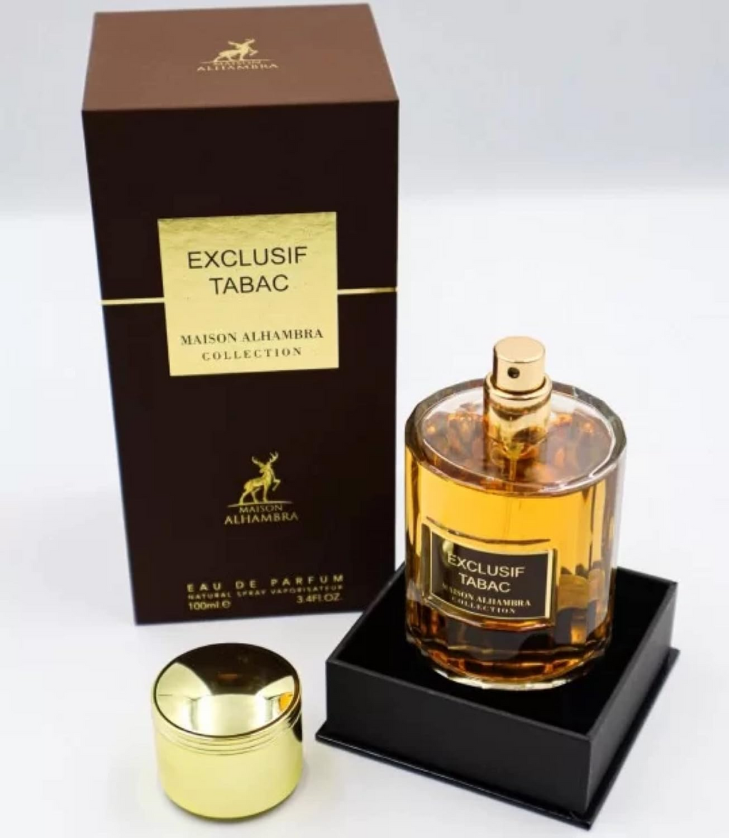 Alhambra Exclusif Tabac 100ml perfume bottle with elegant design, featuring a rich tobacco scent and luxurious packaging.