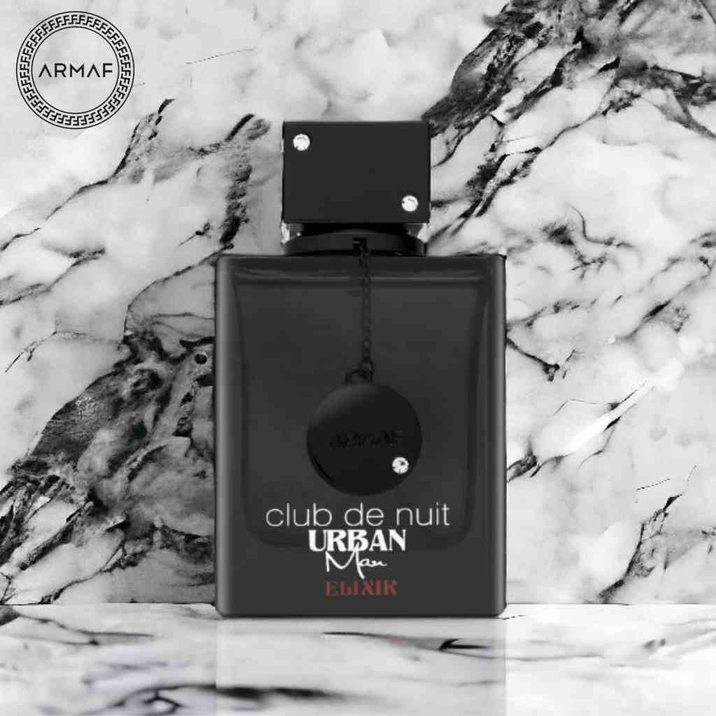 Armaf Club De Nuit Urban Man Elixir Eau De Parfum bottle with sleek design, 105ml, for a masculine fragrance look.