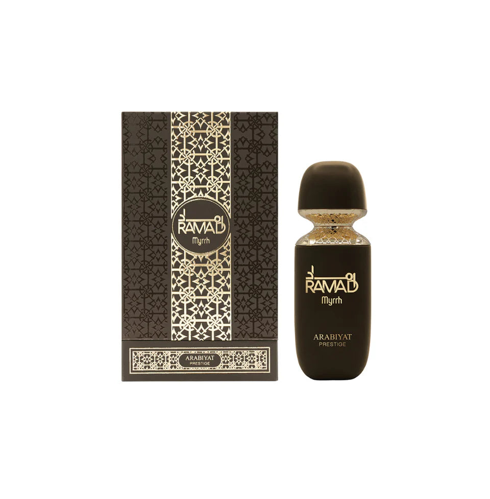 Arabiyat Prestige Ramad Myrrh Eau De Parfum 100ML for men and women, featuring elegant bottle design and luxurious fragrance.