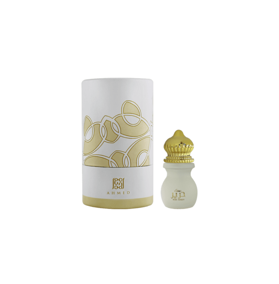 Ahmed Al Maghribi Musk Hareer concentrated perfume oil 12ml for men and women, featuring a sleek glass bottle with a gold cap.